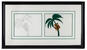 HANNA-BARBERA CARTOONS: Animation cell and matching sketch featuring Yogi Bear, Boo-Boo Bear, Auggie Doggie, and Doggie Daddy; window-mounted, framed and glazed, 46 x 79cm overall.