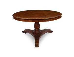 A Colonial Australian cedar circular tilt-top breakfast table with faceted baluster shaped columns, scalloped edge pedestal collar, tri-form platform base with scrolling feet, Sydney origin, circa 1850, 74.5cm high, 126cm diameter.