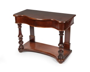ANDREW LENEHAN of SYDNEY antique Colonial Australian cedar serpentine front two drawer hall table, Sydney origin, circa 1850, with remains of circular paper label and impressed stamp "A. LENEHAN", 71cm high, 120cm wide, 46.5cm deep.
