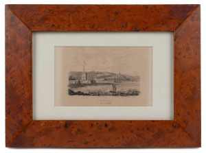 DUMONT D'URVILLE , Vue de Sydney, engraving, housed in attractive Tasmanian birdseye huon pine frame, 10 x 16cm, 24 x 32cm overall.