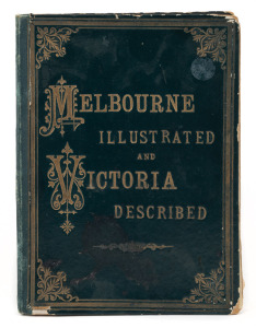 PERKINS, Horace, MELBOURNE ILLUSTRATED and VICTORIA DESCRIBED, [Melbourne : H. Perkins & Co., circa 1882], a small green and gilt decorated hardcover booklet containing a folding set of 17 leporello images accompanied by 38pp of text within red borders.