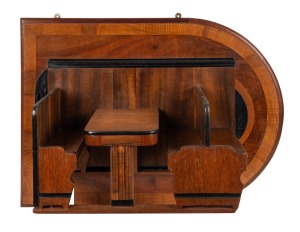 GUY CRICK, cafe diner booth miniature wall mount model crafted from Queensland walnut, Tasmanian oak, fiddleback maple and blackwood, mid 20th century, 50cm high, 65cm wide, 30cm deep.