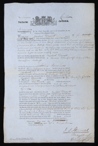 A June 1857 part printed Warrant of Distress, completed in manuscript by John Leslie Stewart, Mayor of Hobart and George Thomas, a Police Constable, in the matter of a debt owed by Michael Driscoll to John Carless, formerly a convict who had arrived aboard the Marquis of Hastings in July 1839 (transported for 15 years for stealing). Carless, a shoemaker, had received his Ticket of Leave in 1845 and was recommended for a Conditional Pardon in 1846. Driscoll had insufficient assets to meet his deb
