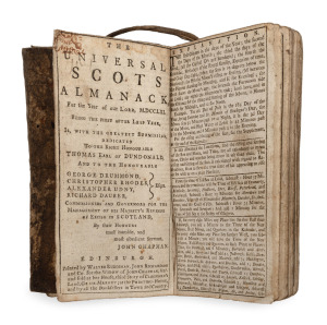 "The Universal Scots Almanack for the Year of our Lord, MDCCLXI" [1761] edited by John Chapman, [Edinburgh : Walter Ruddiman, John Richardson & Co for the Widow of John Chapman] 72pp + blank pages, original card boards bound into an old leather wrap-aroun