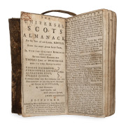 "The Universal Scots Almanack for the Year of our Lord, MDCCLXI" [1761] edited by John Chapman, [Edinburgh : Walter Ruddiman, John Richardson & Co for the Widow of John Chapman] 72pp + blank pages, original card boards bound into an old leather wrap-aroun