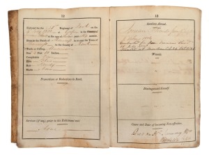 A 51st REGIMENT OF FOOT SOLDIER'S ACCOUNT BOOK: The printed account (pay) record book of JOHN KELLY, a musician, who enlisted in the Regiment in 1832 (at the age of 13 years and 6 months), while the Regiment was stationed at the Ionian Islands. The entrie