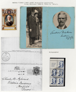 ANDREW FISHER (1862-1928) Australian Prime Minister 1908-09, 1910-1913, and 1914-1915. Twice signed blue paper sheet with news clipping photgraphs, plus a block of six stamps.