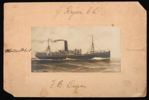 S.S. GEELONG albumen photograph laid down on original card bearing signatures and inscription pertaining to the 12th Battalion A.I.F. ​​​​​​​22 x 33cm overall.