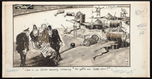 PAUL RIGBY original cartoon artwork featuring GOUGH WHITLAM, August,1975, 22 x 40cm overall.