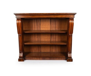 364 · A rare Colonial Australian cedar and blackwood open front bookcase, carved lambs tongue corbels with crossbanded edge and plinth, Tasmanian origin, circa 1835, 102cm high, 121cm wide, 44cm deep.