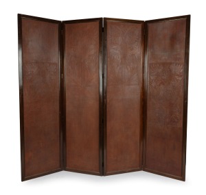 EIRENE MORT (1879-1977) (attributed), antique Australian four-fold screen, timber and embossed leather panels with waratah decoration, circa 1920, 175.5cm high, 194cm wide.