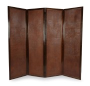 EIRENE MORT (1879-1977) (attributed), antique Australian four-fold screen, timber and embossed leather panels with waratah decoration, circa 1920, 175.5cm high, 194cm wide.