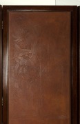 EIRENE MORT (1879-1977) (attributed), antique Australian four-fold screen, timber and embossed leather panels with waratah decoration, circa 1920, 175.5cm high, 194cm wide. - 4