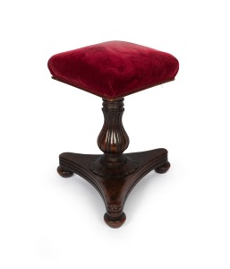 A fine quality Colonial Australian cedar revolving piano seat with lotus carved baluster shaped column, centurion skirt and tri-form base, Tasmanian origin, circa 1840, 52cm high