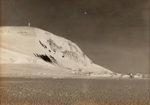 TERRA NOVA EXPEDITION: Original silver gelatin photograph, 16.5 x 11.5cm, numbered '387' in pencil in Herbert Ponting's hand, known to have been titled by Ponting "Hut Point and Vince's Cross, looking South. November 4th 1911".
