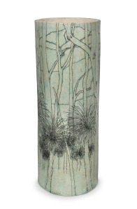 FAIRLIE KINGSTON (1954 - ), exhibition pottery vase with sgraffito forest scene, monogram mark to base, dated '03 with additional Australian Galleries label and stock number, 42cm high