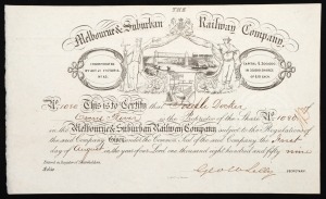 The Melbourne & Suburban Railway Company, share certificate no.1080 for &pound;10, dated 1st August 1859, with impressed seal. Issued in the name of Joseph Docker. Excellent condition.
