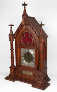THOMAS GAUNT & Co. of Melbourne, impressive antique English twin train clock in Gothic oak architectural case, late 19th century, bearing brass plaque inscribed "Presented To The Medical Society Of Victoria By A Few Of His Personal Friends, In Memory Of W - 4
