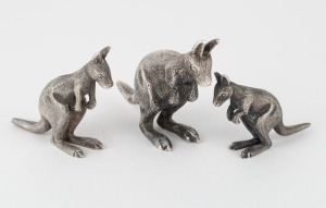 A graduated set of three Australian silver kangaroo statues, 19th/20th century, the largest stamped "SILVER", the other two stamped "DRUMMOND, SILVER", the largest 6.5cm high, grams.