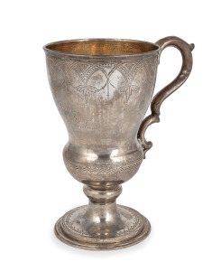 G. COATES & Co. early New Zealand silver presentation cup with engraved decoration and gilt wash interior, engraved "JOHN COLLINS, From His Brother GEORGE On Leaving New Zealand, 26 October, 1865", stamped on the base "G. COATES". G. Coates & Co. was founded by Mr. G. Coates in Nelson in 1851 and relocating to Christchurch in 1861. 17.5cm high, 323 grams.