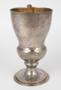 G. COATES & Co. early New Zealand silver presentation cup with engraved decoration and gilt wash interior, engraved "JOHN COLLINS, From His Brother GEORGE On Leaving New Zealand, 26 October, 1865", stamped on the base "G. COATES". G. Coates & Co. was foun - 2