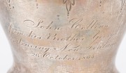 G. COATES & Co. early New Zealand silver presentation cup with engraved decoration and gilt wash interior, engraved "JOHN COLLINS, From His Brother GEORGE On Leaving New Zealand, 26 October, 1865", stamped on the base "G. COATES". G. Coates & Co. was foun - 4