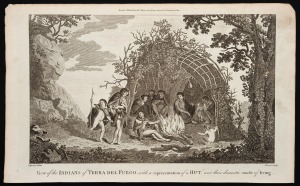 Two original engraved plates from Anderson's "Cook's Voyages" [1786]: "View of the INDIANS of TERRA DEL FUEGO, with a representation of a HUT, and their domestic mode of living." and "A View of KARAKAKOOA in OWTHEE."; both 24 x 38.5cm. (2)