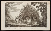 Two original engraved plates from Anderson's "Cook's Voyages" [1786]: "View of the INDIANS of TERRA DEL FUEGO, with a representation of a HUT, and their domestic mode of living." and "A View of KARAKAKOOA in OWTHEE."; both 24 x 38.5cm. (2)