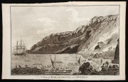 Two original engraved plates from Anderson's "Cook's Voyages" [1786]: "View of the INDIANS of TERRA DEL FUEGO, with a representation of a HUT, and their domestic mode of living." and "A View of KARAKAKOOA in OWTHEE."; both 24 x 38.5cm. (2) - 2