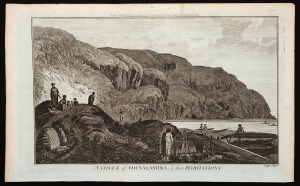 ALASKA: Two original engraved plates from Anderson's "Cook's Voyages" [1786]: "NATIVES of OONALASHKA, & their HABITATIONS." and "The INSIDE of a HOUSE, in OONALASHKA"; both 24 x 38.5cm. (2 items)