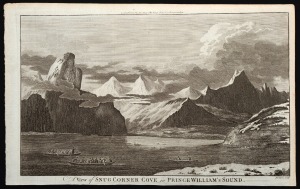 ALASKA & CANADA: Three original copper engraved plates from Anderson's "Cook's Voyages" [1786]: "A View of SNUG CORNER COVE in PRINCE WILLIAM'S SOUND." , "The INSIDE of a HOUSE, in NOOTKA SOUND.", and "A View of the HABITATIONS in NOOTKA SOUND"; all 24 x 
