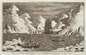 Two original engraved copper plates from Anderson's "Cook's Voyages" [1786]: "View of the ICE ISLANDS as seen in COOK'S Second Voyage on Jan'y 9, 1773" and "A View in CHRISTMAS SOUND, TIERRA DEL FUEGO."; both 24 x 38.5cm. (2). The first image depicts Coo