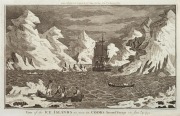 Two original engraved copper plates from Anderson's "Cook's Voyages" [1786]: "View of the ICE ISLANDS as seen in COOK'S Second Voyage on Jan'y 9, 1773" and "A View in CHRISTMAS SOUND, TIERRA DEL FUEGO."; both 24 x 38.5cm. (2). The first image depicts Coo