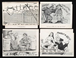 SECOND WORLD WAR: Group of c.1940s postcards by New Zealand-born caricaturist Alex Garmonsway, humorously illustrating everyday military life on base. Rare. (8 items)