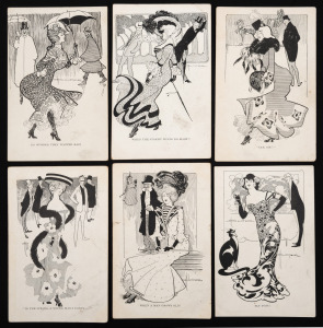 HAL SOUTER - ARTIST: Group of six light-hearted c. 1905 illustrated postcards, featuring elegant women on promenade and at evening events. (6 items)