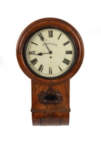THOMAS GAUNT antique mahogany cased drop dial wall clock with white enamel painted dial and Roman numerals, marked "T. Gaunt", circa 1890, 73cm high, 31cm across the dial
