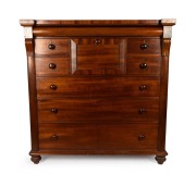 An antique Australian lum chest of drawers with cross banded hat drawer, shallow pilasters with blackwood corbels, constructed with good cuts of figured cedar and huon pine secondary carcass timbers, Tasmanian origin, circa 1860, 131cm high, 131cm wide, 6