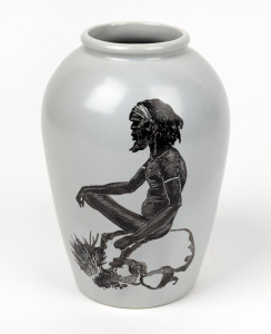 WEMBLEY WARE ceramic vase with hand-painted scene of a seated Aboriginal man, signed "Tribe, Hand Painted" with impressed factory mark, 18cm high