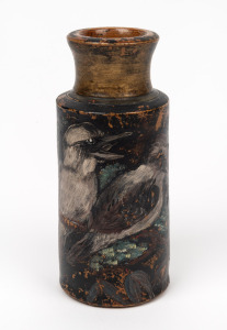 Hand-painted pottery jar with kookaburra decoration, signed on the base "A GIFT FROM MARGARET PRESTON", 16.5cm high
