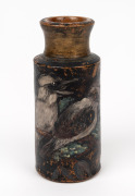 Hand-painted pottery jar with kookaburra decoration, signed on the base "A GIFT FROM MARGARET PRESTON", 16.5cm high