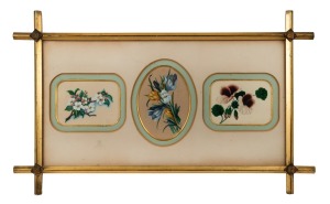 ARTIST UNKNOWN, three botanical studies, signed "M. R. G. 1887", framed as one with stamp verso "E. S. Wigg & Son, Rundle Street, Adelaide", ​​​​​​​31 x 51cm overall.