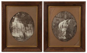 A pair of Tasmanian waterfall scene black and white albumen photographs, attractively framed with original labels affixed verso "Richardson's Art Gallery, 121 Liverpool Street, Hobart", early 20th century, 64 x 50cm each overall.