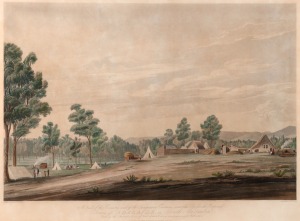 "TOWN OF ADELAIDE IN SOUTH AUSTRALIA" hand-coloured engraving, 19th century, drawn by Col. WILLIAM LIGHT, engraved by ROBt. HAVELL and published Smith Elder & Co. [London], ​​​​​​​43 x 56cm, 66 x 79cm overall.