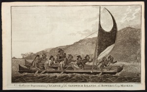 Two original engraved plates from Anderson's "Cook's Voyages" [1786]: "An Accurate Representation of A CANOE of the SANDWICH ISLANDS, the ROWERS being MASKED." and "An OFFERING before CAPT'N COOK, in One of the SANDWICH ISLANDS."; both 24 x 38.5cm. (2)
