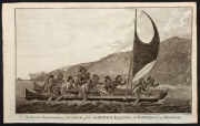 Two original engraved plates from Anderson's "Cook's Voyages" [1786]: "An Accurate Representation of A CANOE of the SANDWICH ISLANDS, the ROWERS being MASKED." and "An OFFERING before CAPT'N COOK, in One of the SANDWICH ISLANDS."; both 24 x 38.5cm. (2)