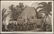 Two original engraved plates from Anderson's "Cook's Voyages" [1786]: "An Accurate Representation of A CANOE of the SANDWICH ISLANDS, the ROWERS being MASKED." and "An OFFERING before CAPT'N COOK, in One of the SANDWICH ISLANDS."; both 24 x 38.5cm. (2) - 2