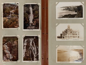 An old time leather album housing an interesting selection of mostly Australian themed postcards, including many real photo examples, highlights include "New Zealand and South Seas Exhibition", trams, military, portraits etc. Inspection will reward.
