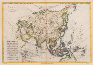 M. BONNE (1727 - 1795), ASIE, copper engraved map with attractive hand-colouring, published in Paris in 1787, including a poorly rendered northern Australia and an oversized New Guinea; repaired tear. Image 24 x 34.5cm; overall 30 x 42cm.