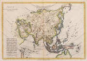 M. BONNE (1727 - 1795), ASIE, copper engraved map with attractive hand-colouring, published in Paris in 1787, including a poorly rendered northern Australia and an oversized New Guinea; repaired tear. Image 24 x 34.5cm; overall 30 x 42cm.