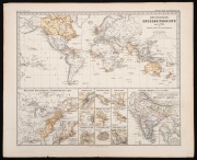 JUSTUS PERTHES, "Besitzungen Grossbritanniens seit 1783 mit Angabe ihrer Erwerbungszeit," steel engraving with limited hand-colouring depicting the whole world in the upper half and detailed maps of smaller British Colonies and possessions in the lower ha